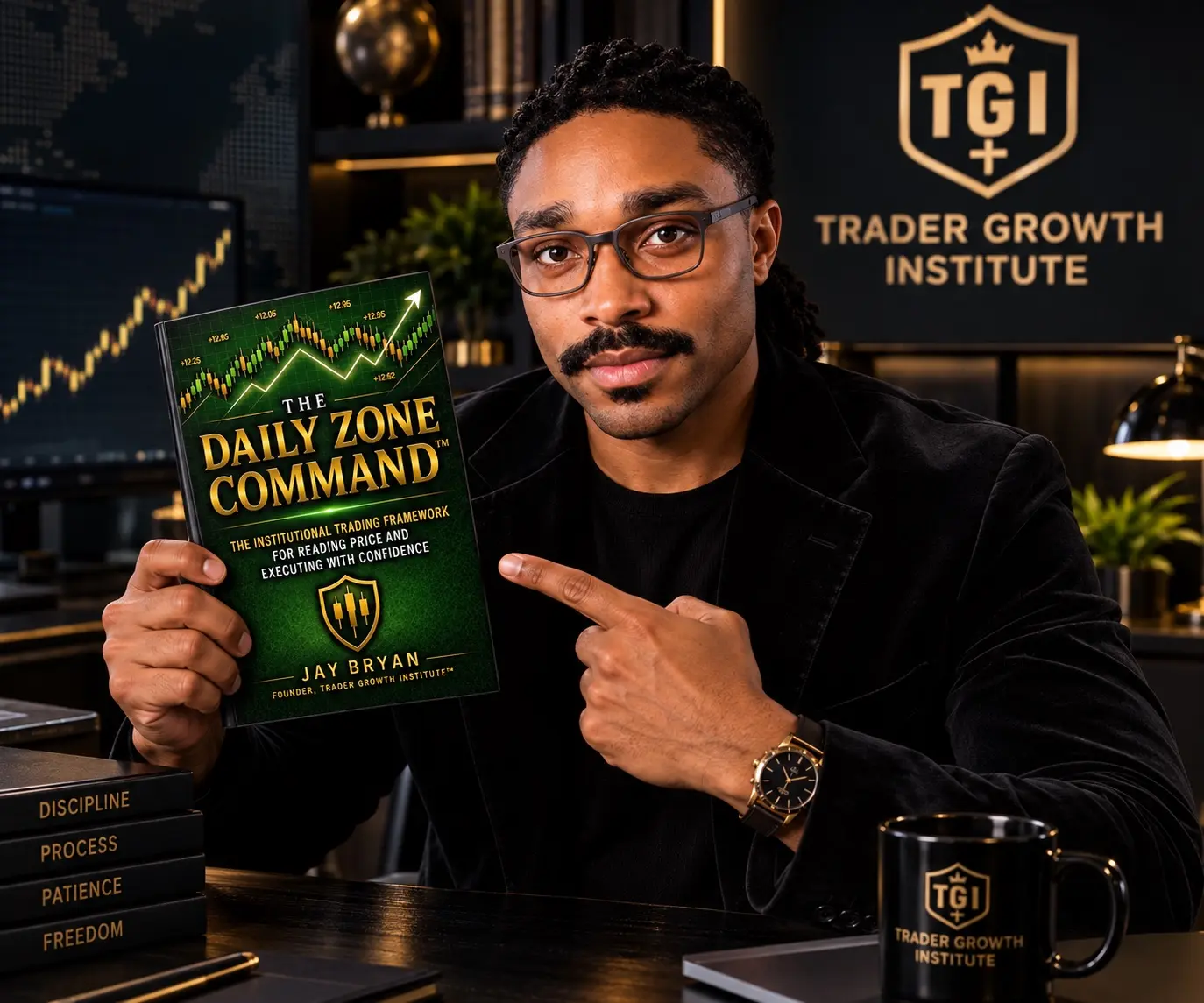 Jay Bryan holding The Daily Zone Command at the Trader Growth Institute research desk